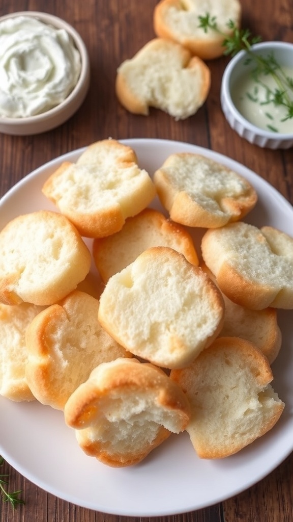 Fluffy Cloud Bread with Cream of Tartar Fluffy cloud bread pieces on a plate with cream cheese spread and herbs.